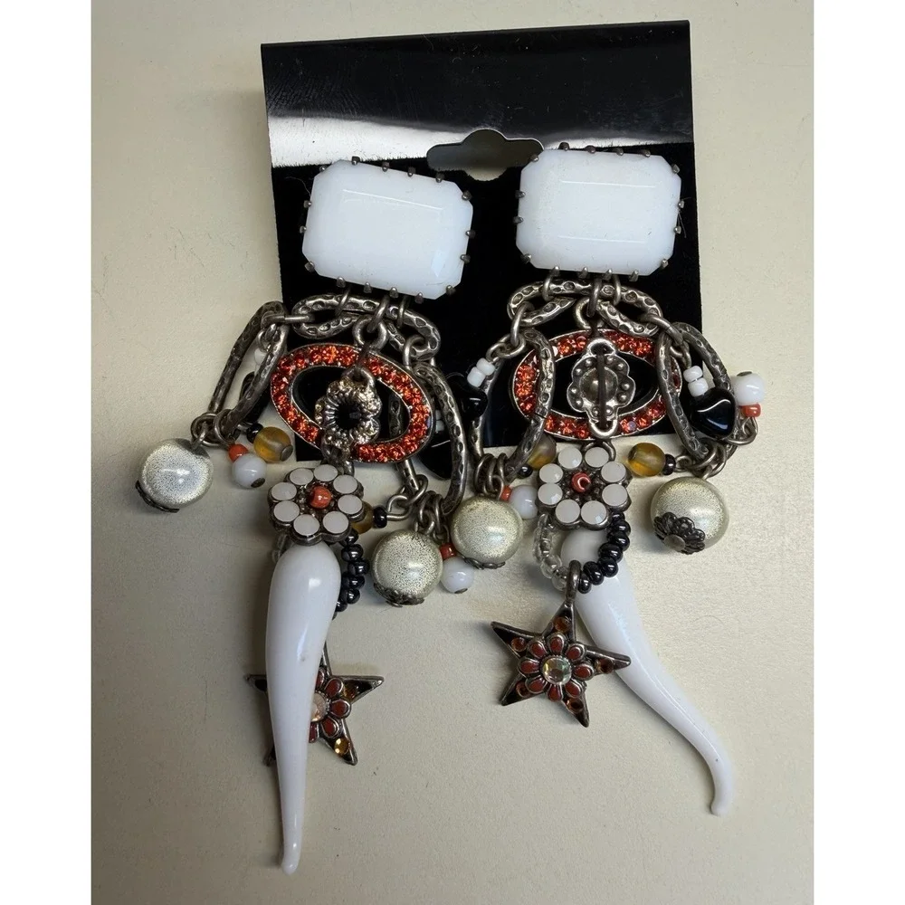 Unmarked Designer Artisan Glass Horn‎ Drop Earrings Evil Eye Star Charm Boho 3
